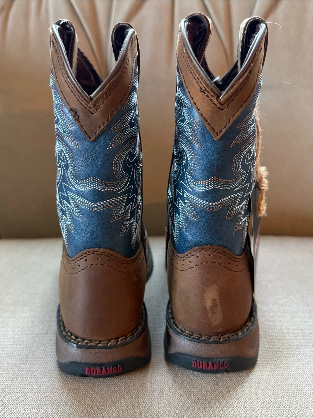 Durango Brown Leather Cowboy Boots with Blue Embroidered Shaft
